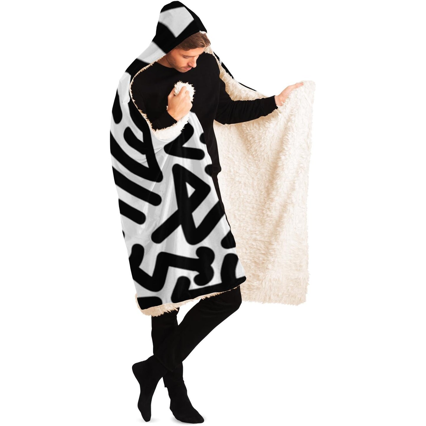 Bold Black Marker Doodle Lines Hooded Blanket