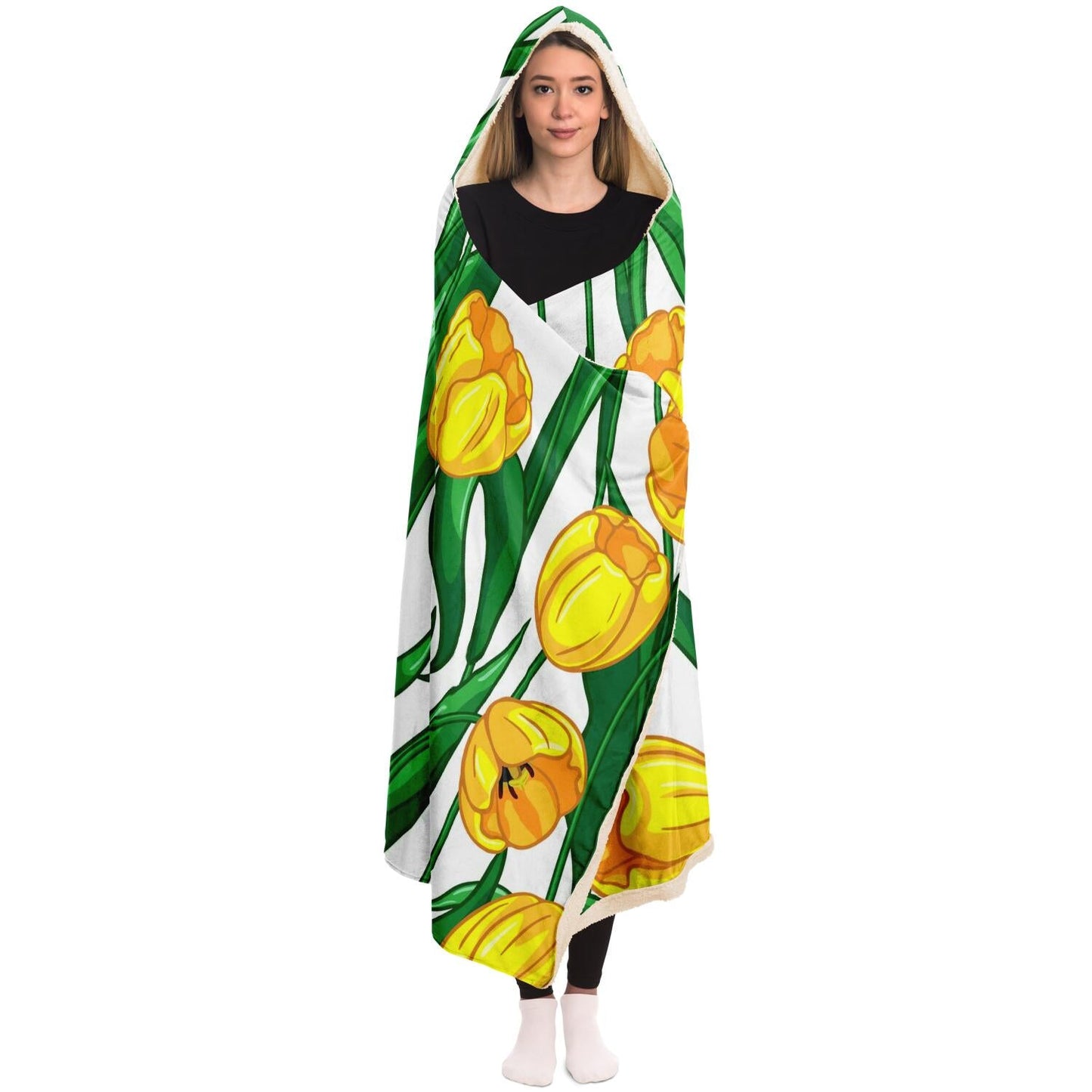 Yellow Flower Pattern Hooded Blanket