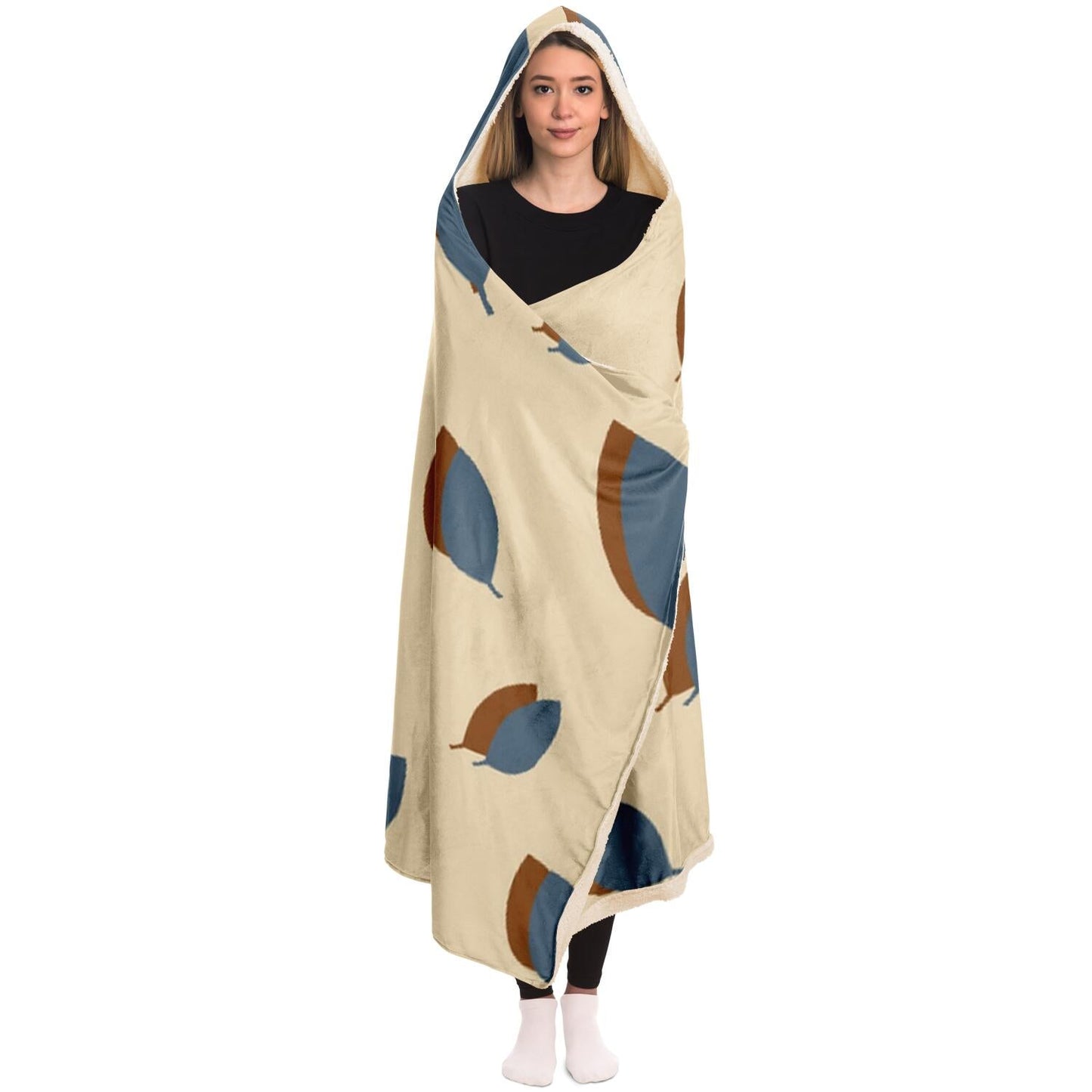 Blue leaves pattern on vanilla Poster Hooded Blanket