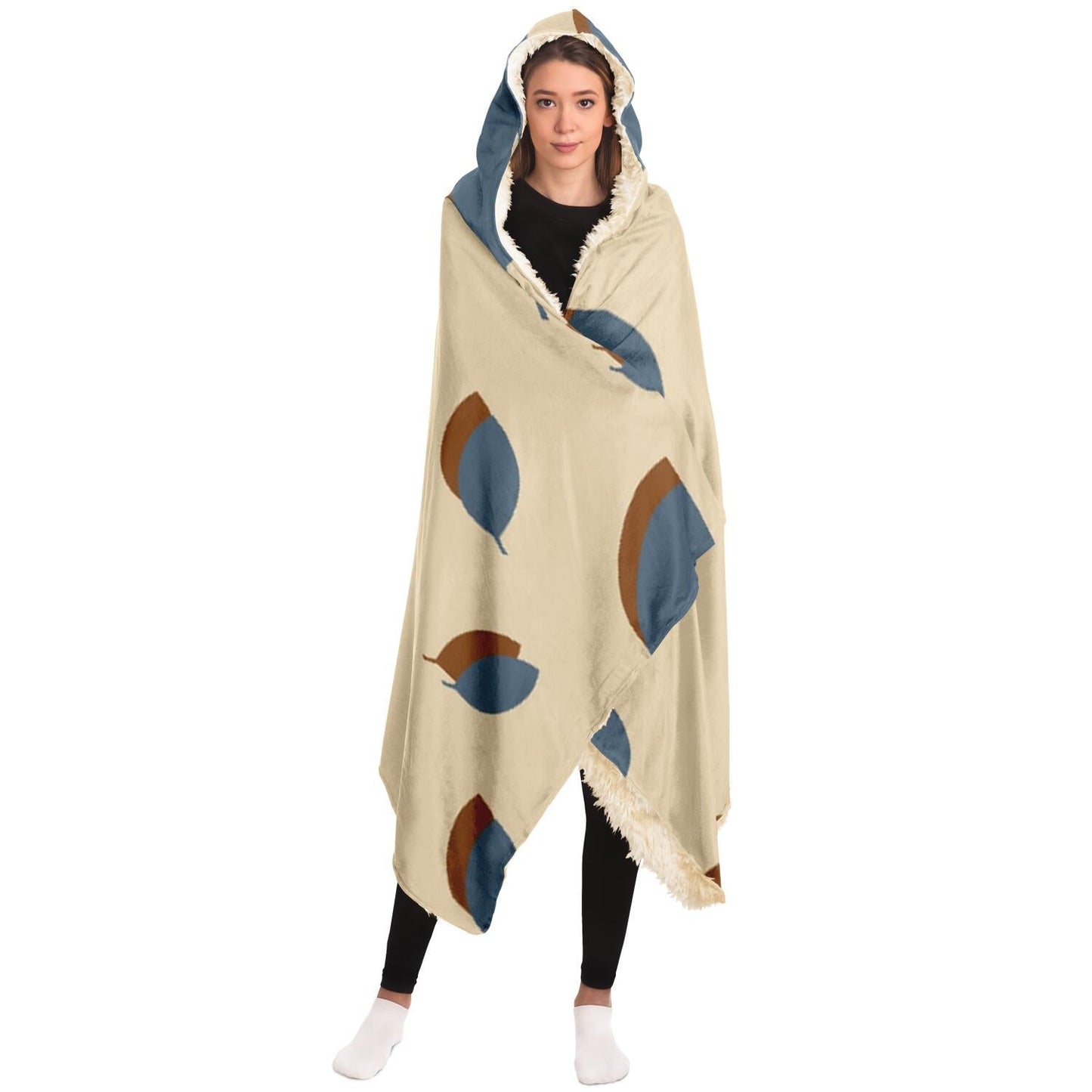 Blue leaves pattern on vanilla Poster Hooded Blanket