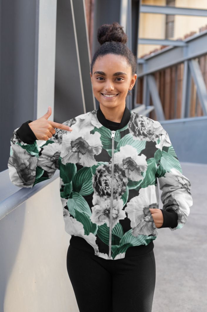 Black and White Floral Garden Glamor Bomber Jacket