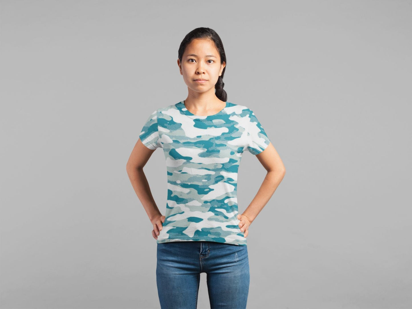 Blue Camouflage Pattern Mosaic Style Plakat Classic Sublimation Women's T-Shirt