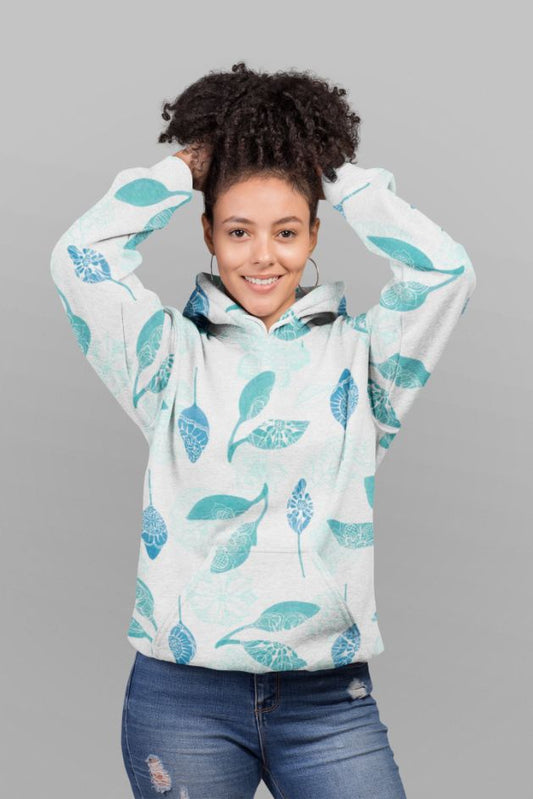 Blue leaves pattern on vanilla Poster (2) UNISEX Sublimation Hoodie