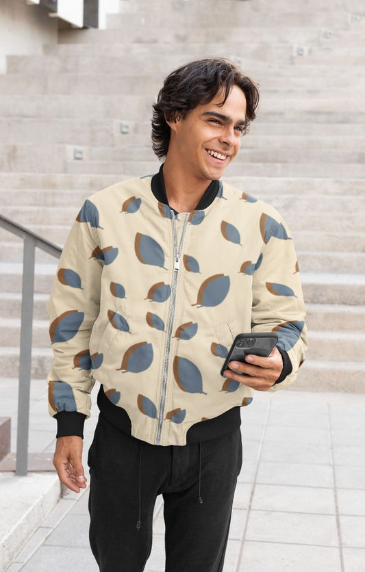 Blue leaves pattern on vanilla Poster Bomber Jacket