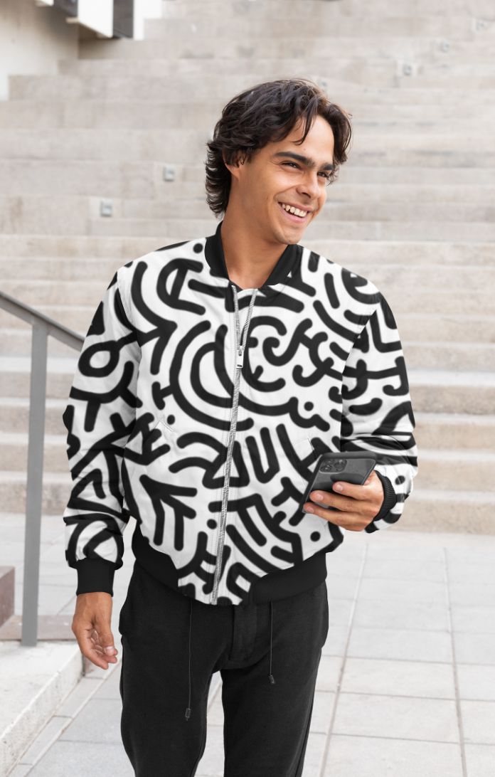 Bold Black Marker Doodle Lines Bomber Jacket