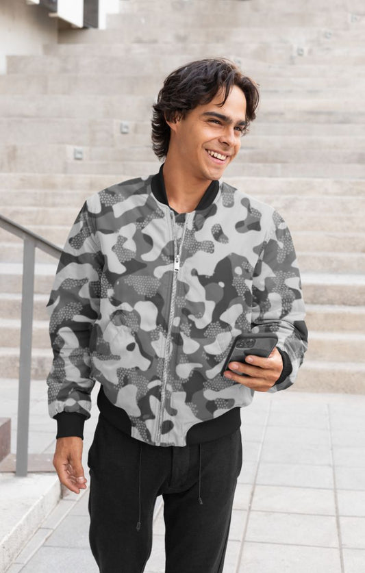 Grey Pattern Camouflage & Mosaic Style Plakat Bomber Jacket