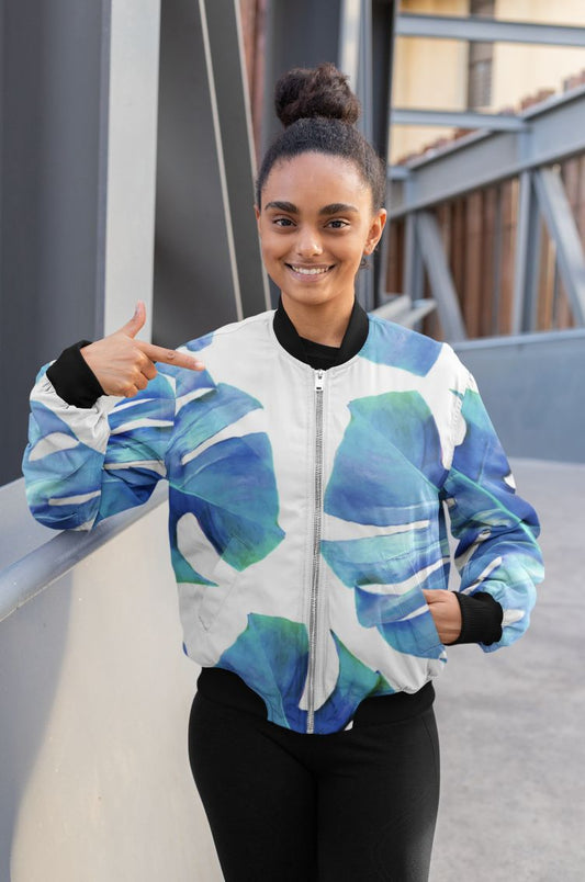 Monstera Exotica-Azure Bomber Jacket