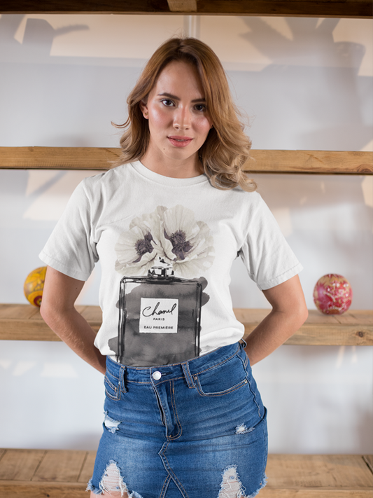 Perfume Bottle, Black With Grey & White Poppy Women T-shirt