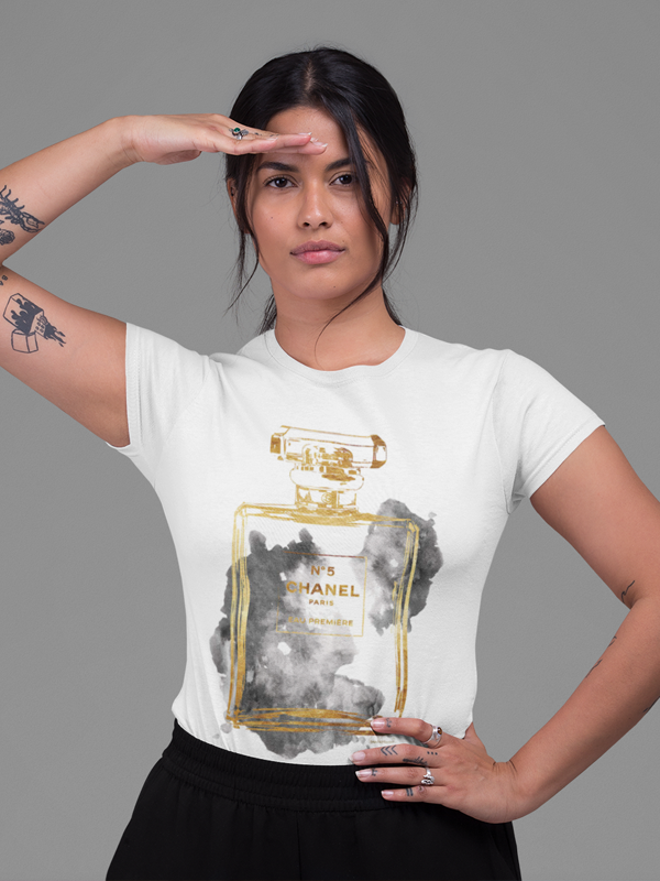 Perfume Bottle, Gold & Grey Women T-shirt