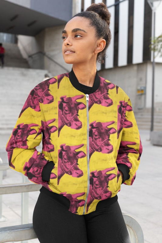 Pink Cow Pattern Female Bomber Jacket