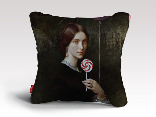 Portrait Of Woman With Lollipop And Balloon Cushion/Pillow