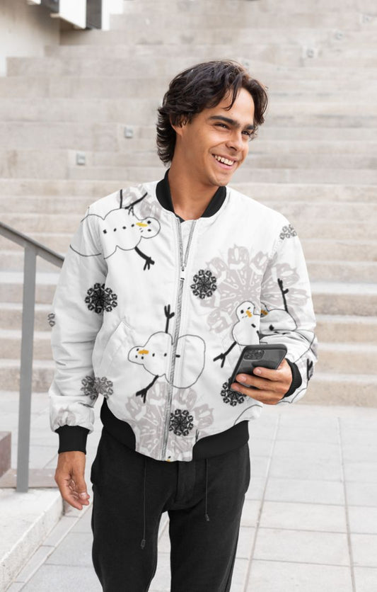 Snowman Pattern Poster Bomber Jacket