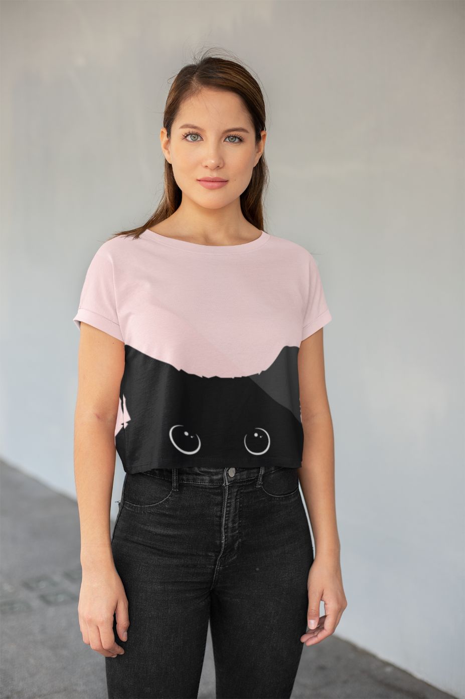 BLACK CAT ON PINK BACKGROUND All-Over Print Crop Tee