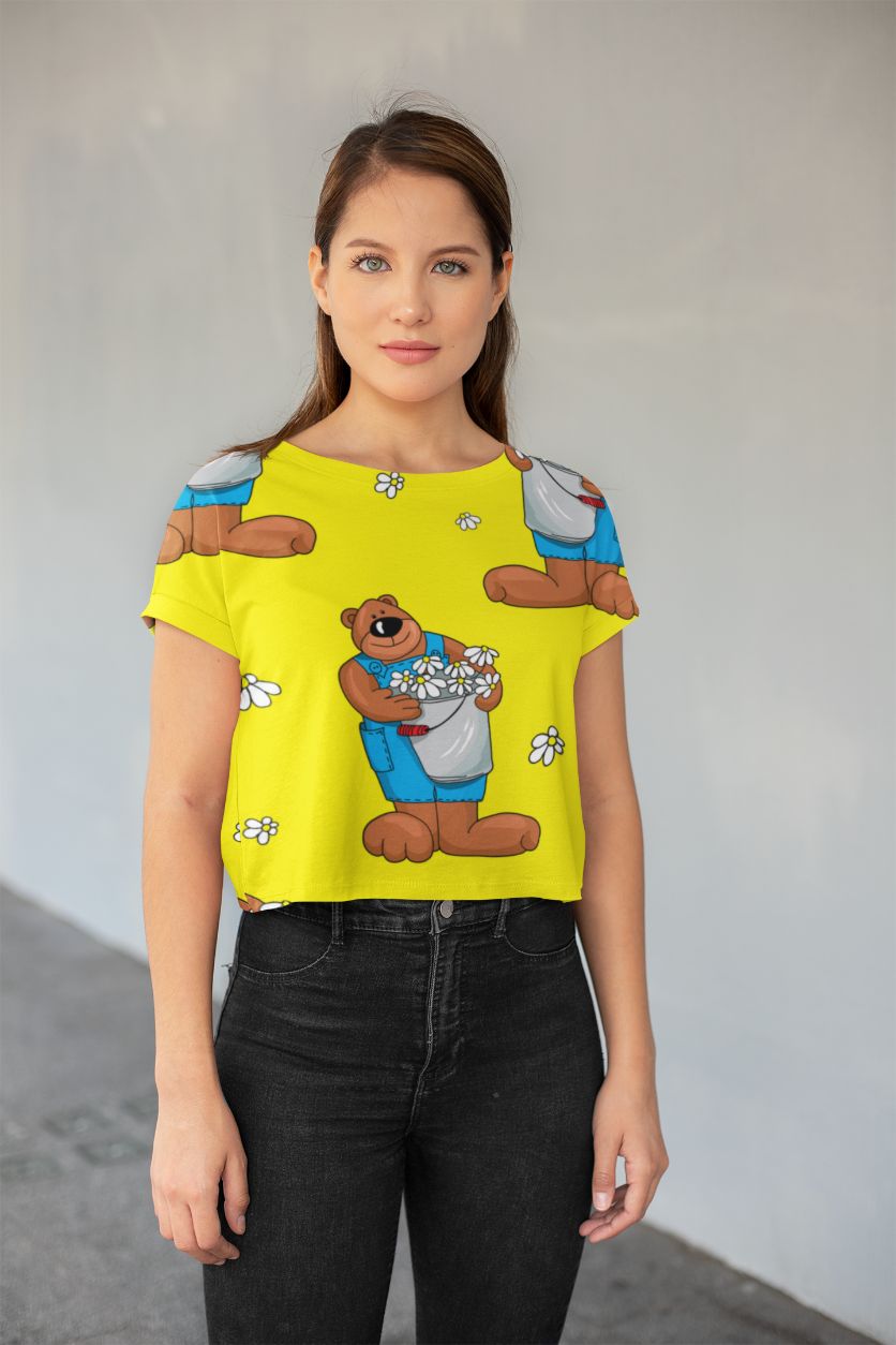 Bear Pattern All-Over Print Crop Tee