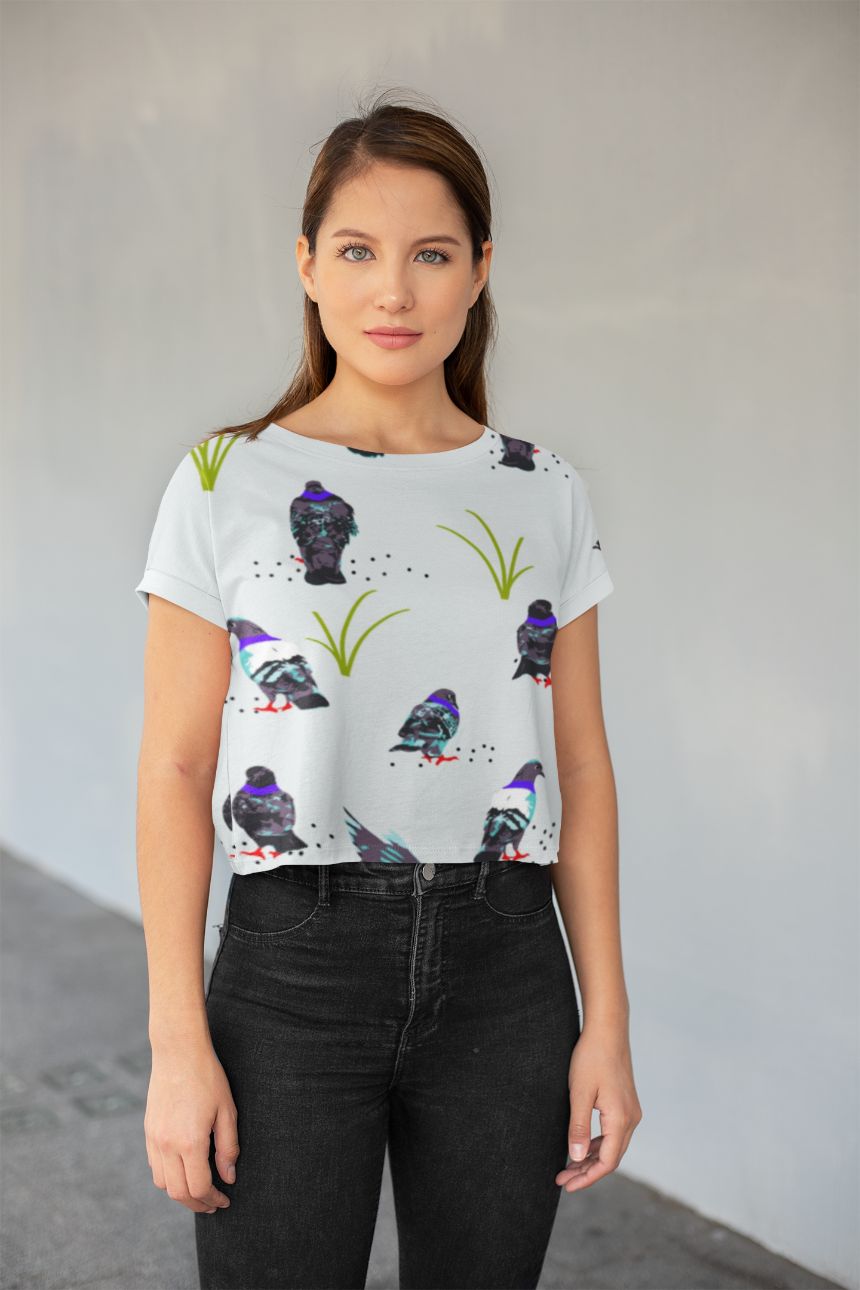 Bird Pattern All-Over Print Crop Tee