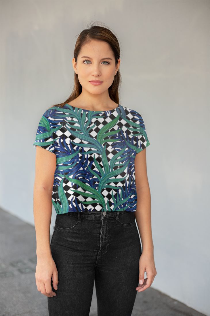 CHECKERBOARD PALM BLUE All-Over Print Crop Tee