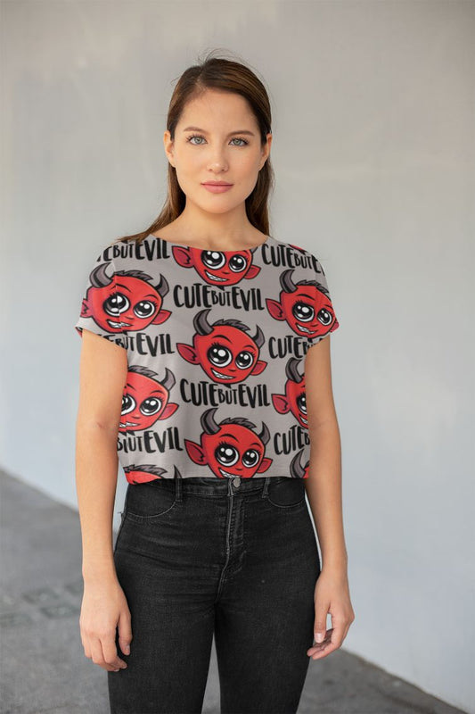 Cute But Evil Pattern All-Over Print Crop Tee