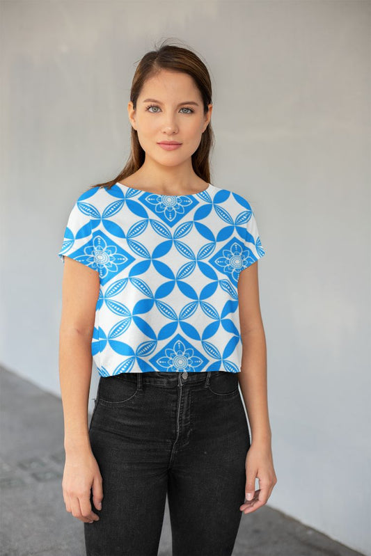 Flowery Pattern in blue Poster All-Over Print Crop Tee