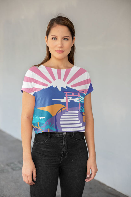 Japanesse Mountain Landscape Pop Color Vector All-Over Print Crop Tee