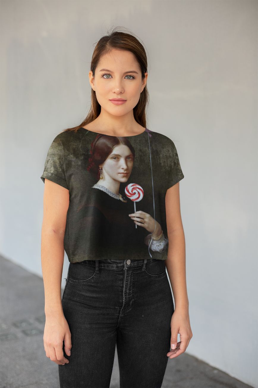 Portrait Of Woman With Lollipop And Balloon All-Over Print Crop Tee