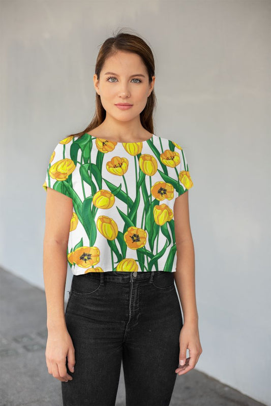 Yellow Flower Pattern All-Over Print Crop Tee