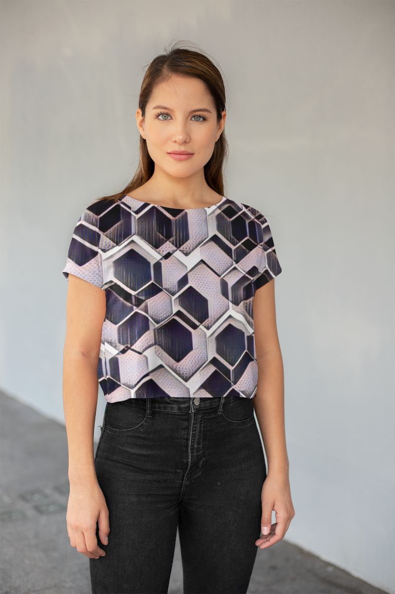 Blue grey purple black and white abstract geometric pattern Poster All-Over Print Crop Tee