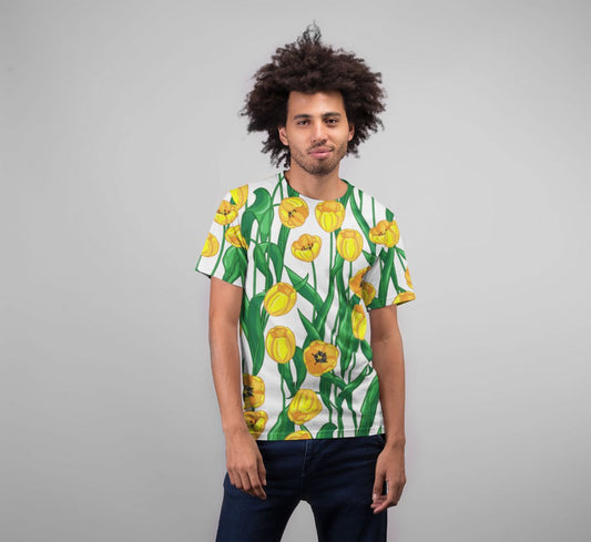 Yellow Flower Pattern Premium Sublimation Adult T-Shirt