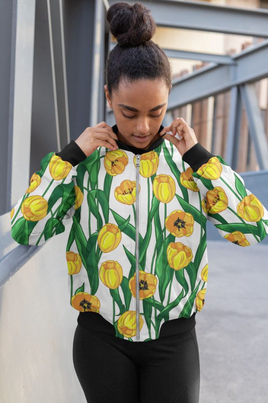 Yellow Flower Pattern Bomber Jacket