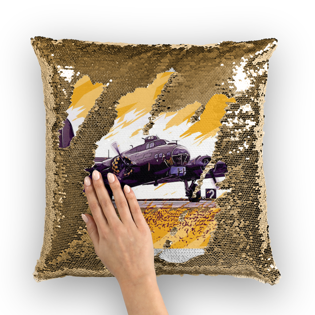 VIRGIN TEEZ Sequin Cover Gold / White B-17 Flying Fortress Sequin Cushion Cover