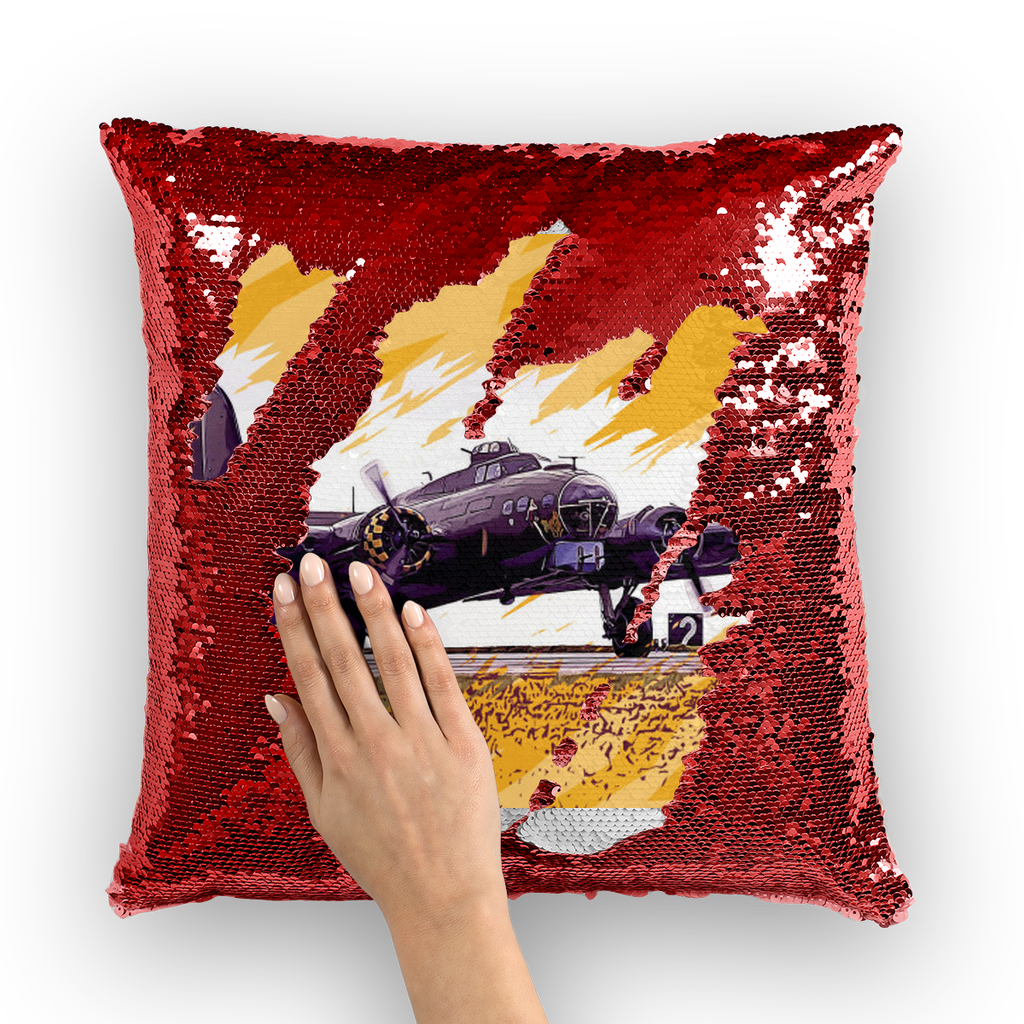 VIRGIN TEEZ Sequin Cover Red / White B-17 Flying Fortress Sequin Cushion Cover