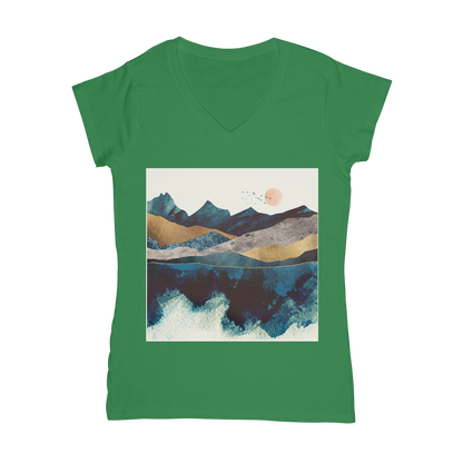 VIRGIN TEEZ Women T-shirt Kelly Green / Female / S Blue Mountain Reflection Classic Women's V-Neck T-Shirt