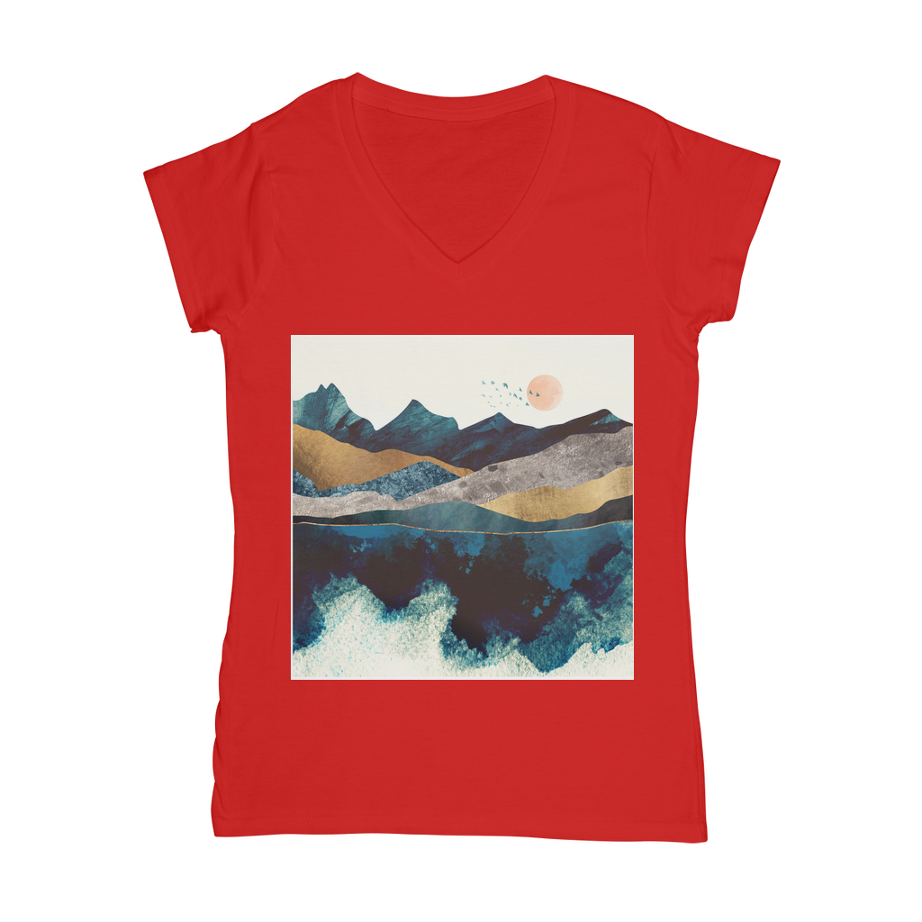 VIRGIN TEEZ Women T-shirt Red / Female / S Blue Mountain Reflection Classic Women's V-Neck T-Shirt