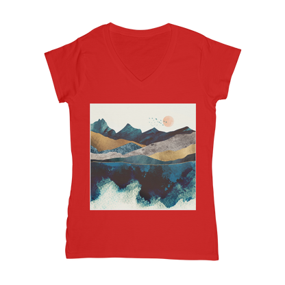 VIRGIN TEEZ Women T-shirt Red / Female / S Blue Mountain Reflection Classic Women's V-Neck T-Shirt