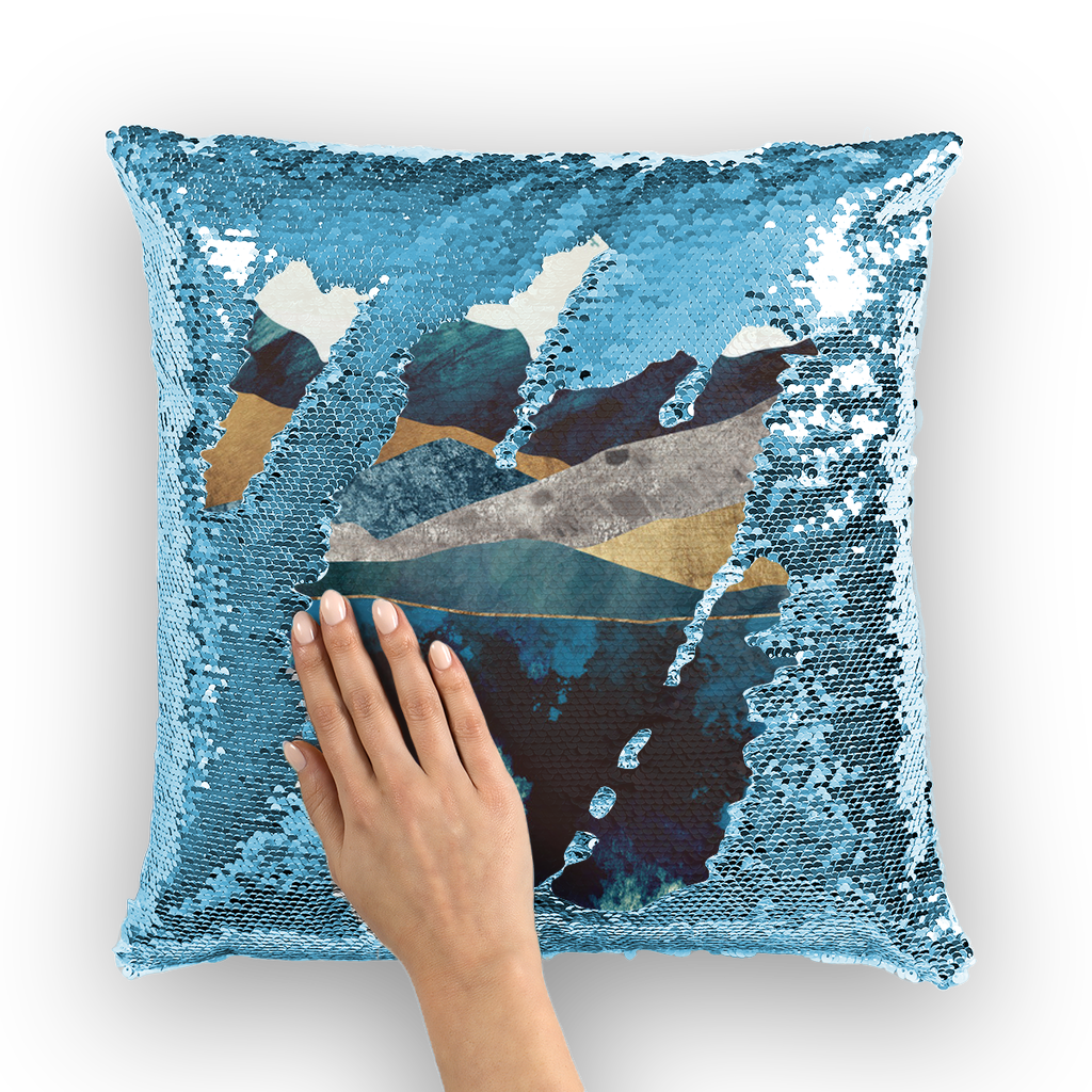 VIRGIN TEEZ Sequin Cover Light Blue / White Blue Mountain Reflection Sequin Cushion Cover