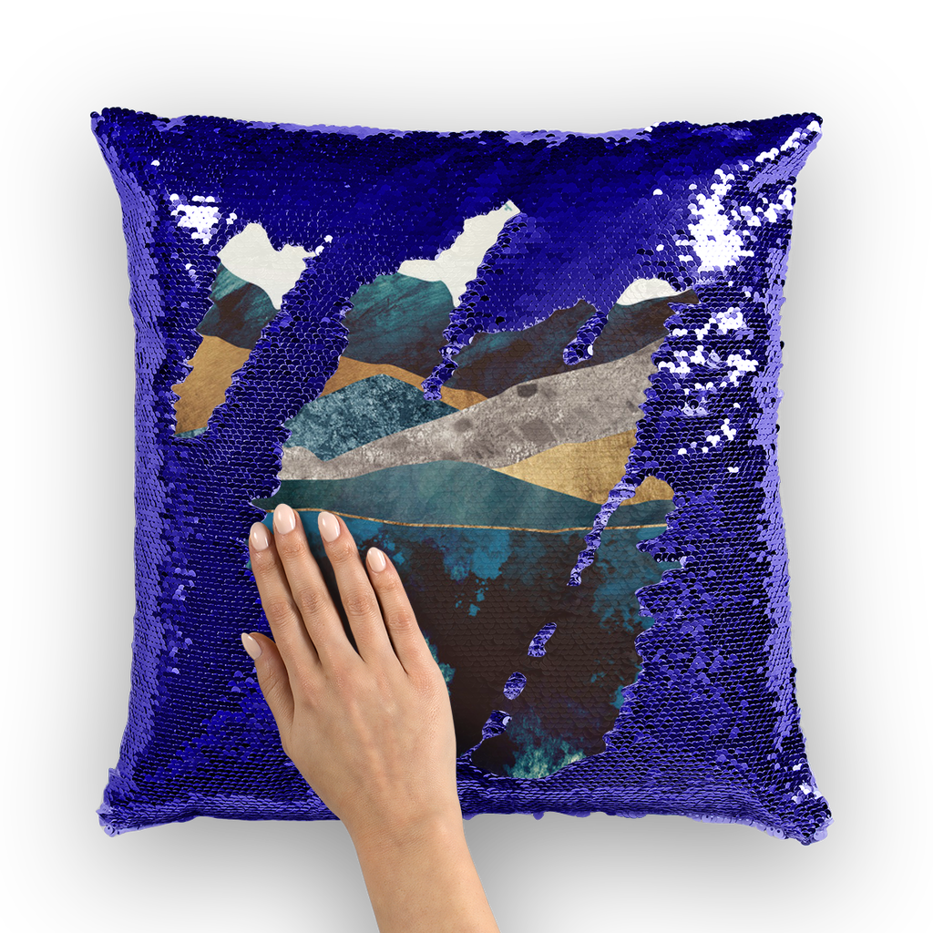 VIRGIN TEEZ Sequin Cover Navy / Silver Blue Mountain Reflection Sequin Cushion Cover