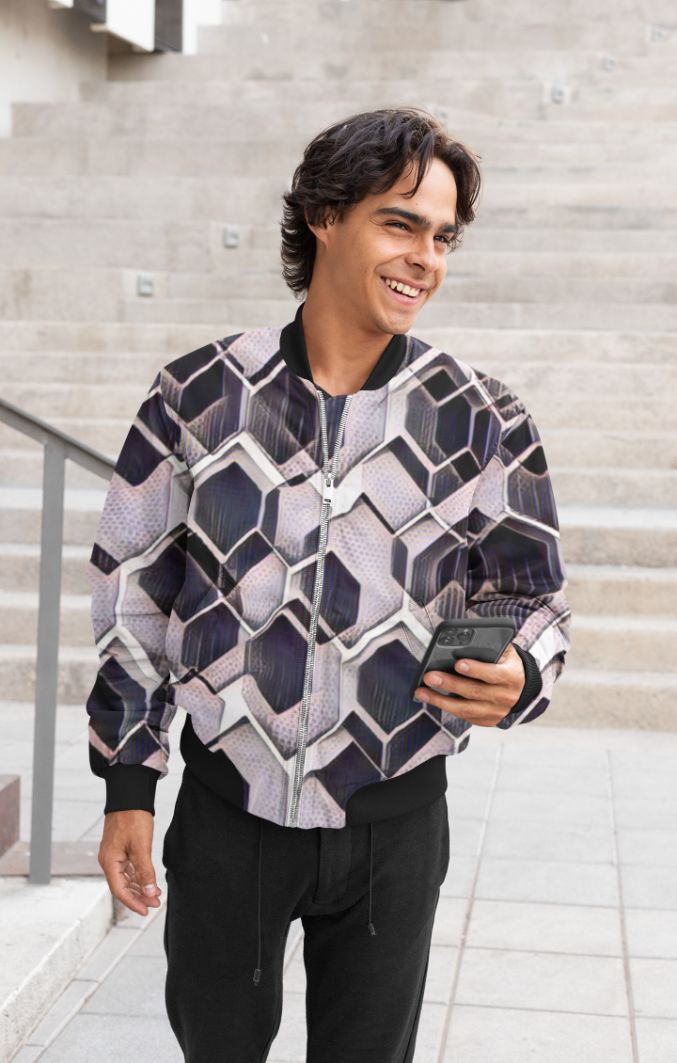 Blue grey purple black and white abstract geometric pattern Poster Bomber Jacket