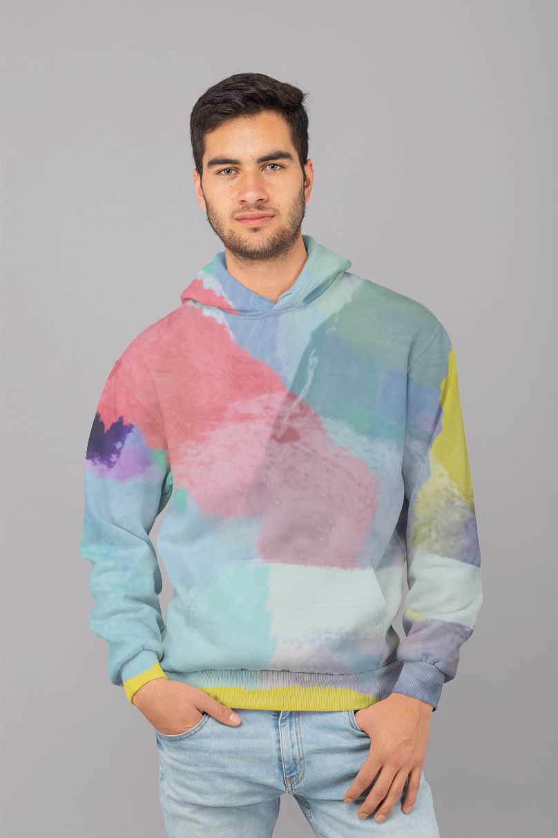 Brush painting texture abstract in blue pink yellow green UNISEX Sublimation Hoodie