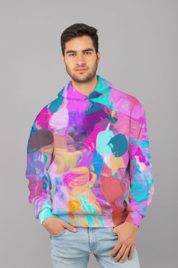 Brush painting texture abstract in blue pink yellow green (3) UNISEX Sublimation Hoodie