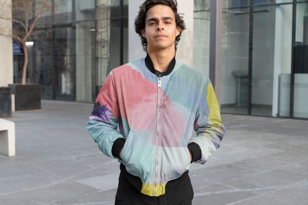 Brush painting texture abstract in blue pink yellow green Bomber Jacket