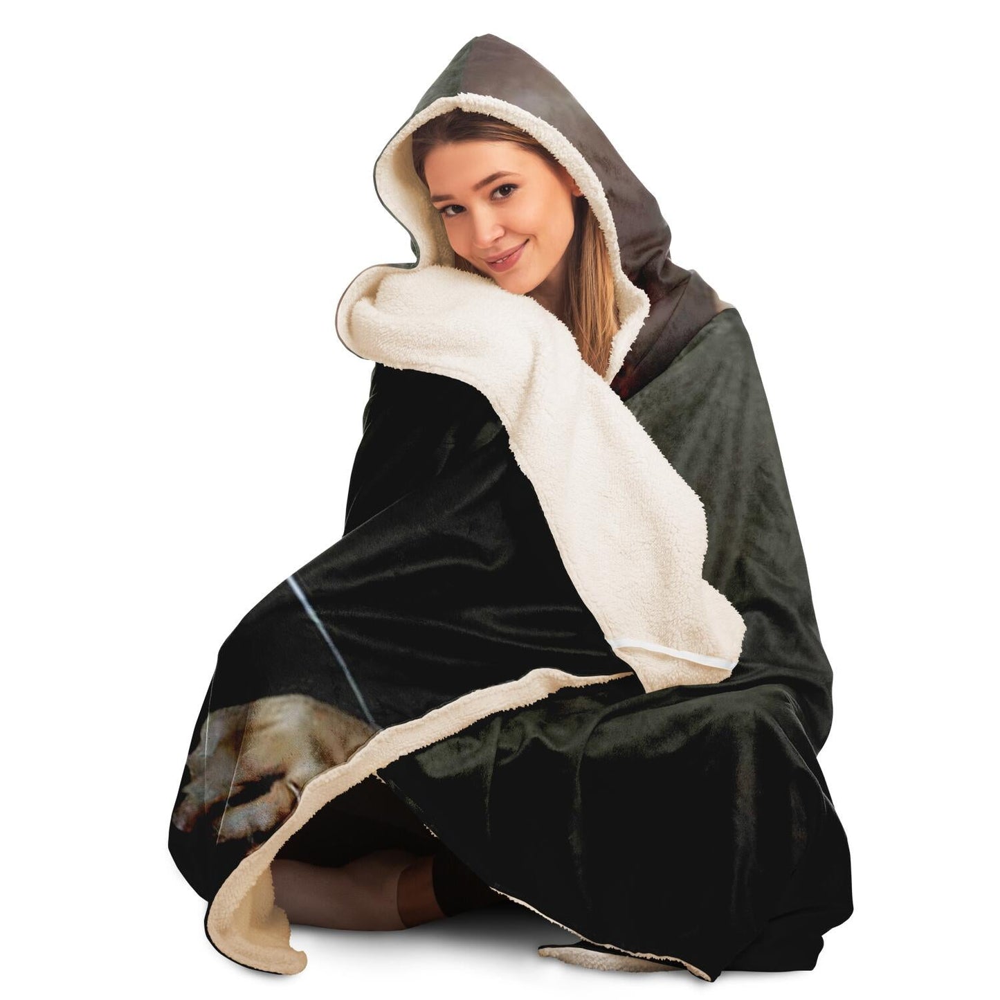 Portrait Of Woman With Lollipop And Balloon Hooded Blanket