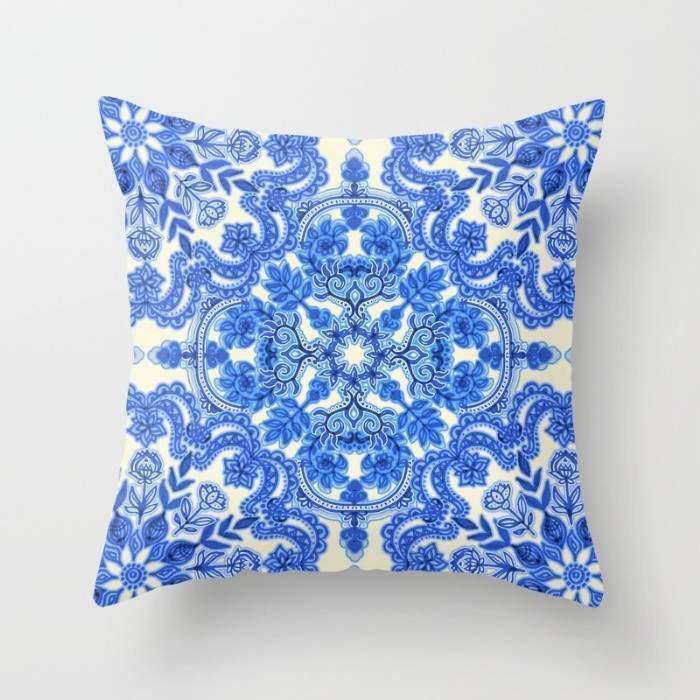 The Pillow pillows 16" x 16" Cobalt Blue & China White Folk Art Pattern Cushion/Pillow