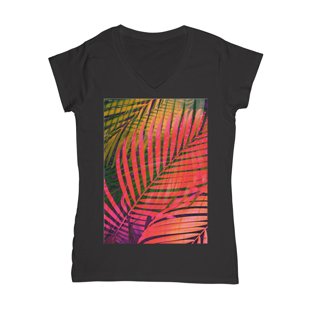 VIRGIN TEEZ Women T-shirt Black / Female / S COLORFUL TROPICAL LEAVES no4 Classic Women's V-Neck T-Shirt