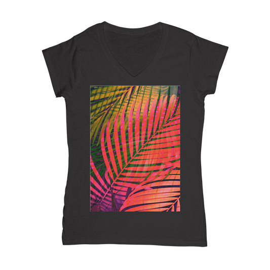 VIRGIN TEEZ Women T-shirt Black / Female / S COLORFUL TROPICAL LEAVES no4 Classic Women's V-Neck T-Shirt