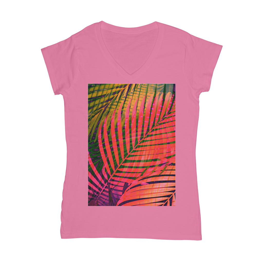 VIRGIN TEEZ Women T-shirt Light Pink / Female / S COLORFUL TROPICAL LEAVES no4 Classic Women's V-Neck T-Shirt