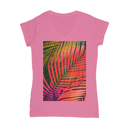 VIRGIN TEEZ Women T-shirt Light Pink / Female / S COLORFUL TROPICAL LEAVES no4 Classic Women's V-Neck T-Shirt