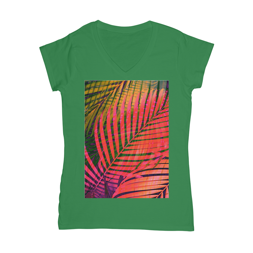 VIRGIN TEEZ Women T-shirt Kelly Green / Female / S COLORFUL TROPICAL LEAVES no4 Classic Women's V-Neck T-Shirt