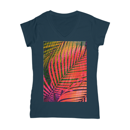 VIRGIN TEEZ Women T-shirt Navy / Female / S COLORFUL TROPICAL LEAVES no4 Classic Women's V-Neck T-Shirt