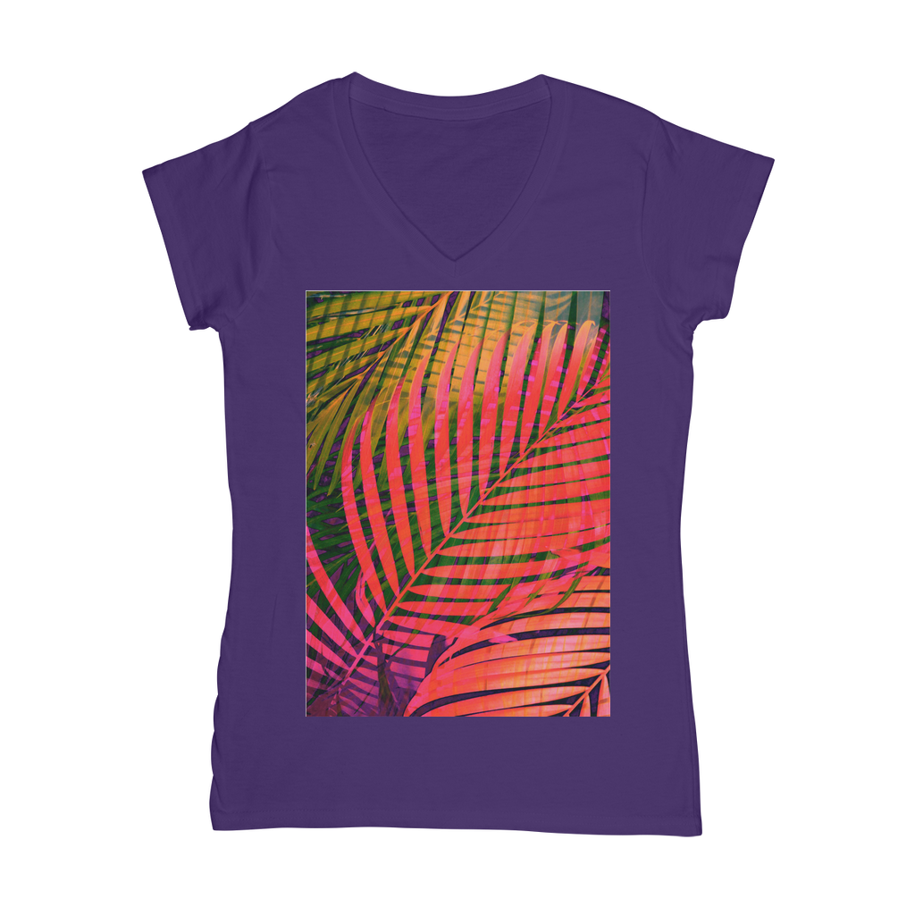 VIRGIN TEEZ Women T-shirt Purple / Female / S COLORFUL TROPICAL LEAVES no4 Classic Women's V-Neck T-Shirt