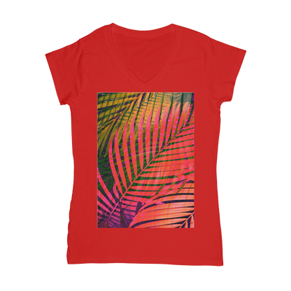 VIRGIN TEEZ Women T-shirt Red / Female / S COLORFUL TROPICAL LEAVES no4 Classic Women's V-Neck T-Shirt