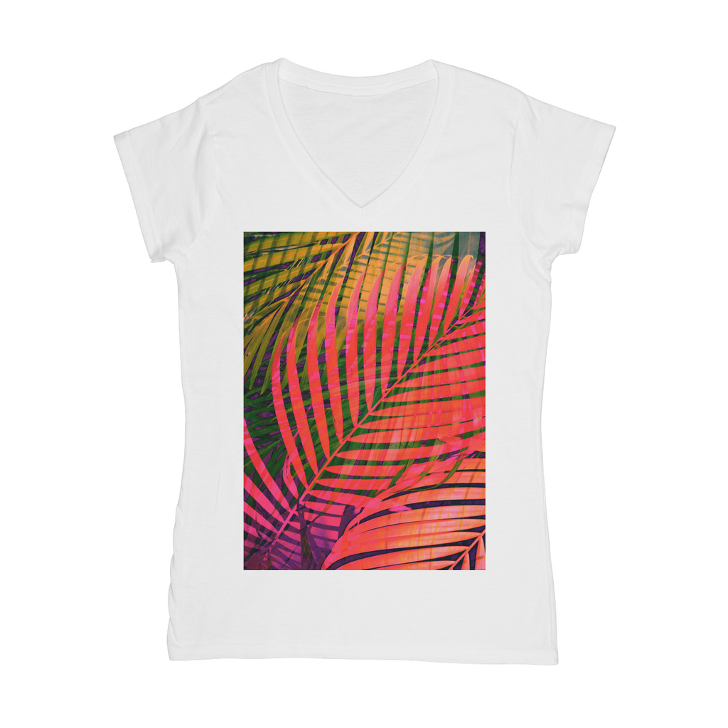 VIRGIN TEEZ Women T-shirt White / Female / S COLORFUL TROPICAL LEAVES no4 Classic Women's V-Neck T-Shirt